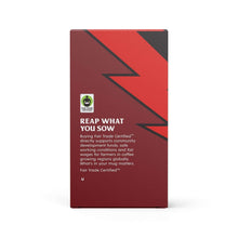 Dark roast coffee pod box side panel with 'Reap what you sow' text, red and black