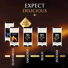 Assorted dark chocolate bars display with a 90% cocoa Lindt Excellence box