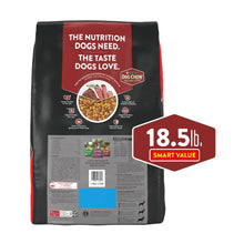 Dry dog food bag, black and red, complete adult beef flavor, 18.5 lb
