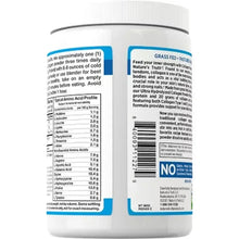 Collagen powder supplement jar back label with amino acid profile table