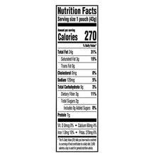 Mixed nuts pouch Nutrition Facts panel with calories and nutrient values