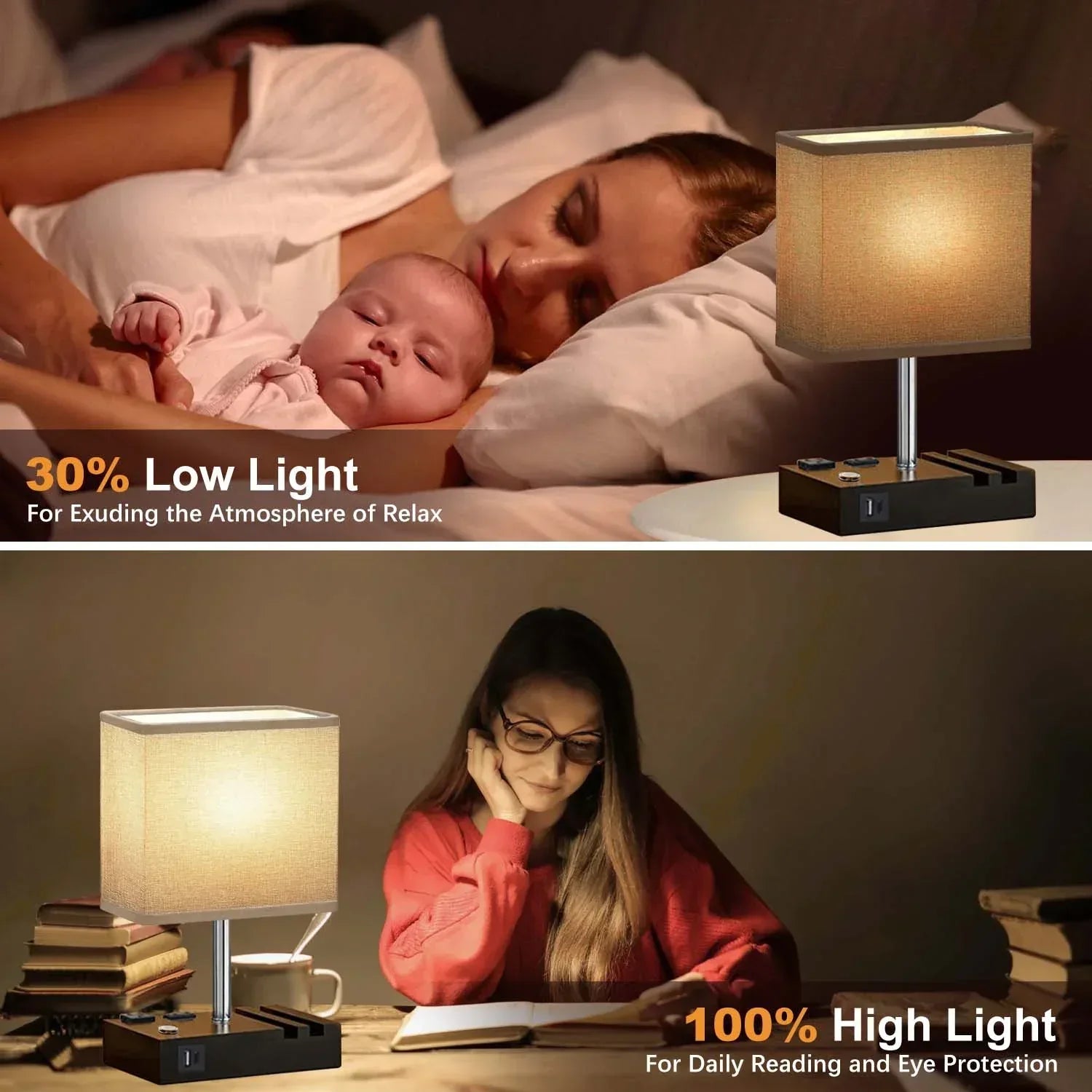 HadinEEon Bedside Table Lamps with 2 Phone Stands, Gray - USA MEGA SHOP