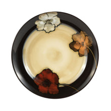 Stoneware dinner plate with black rim and painted poppy blooms in cream and dark shades