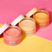 NatureWell lip mask jars for Berry, Vanilla, and Mango with swirled caps and fruit.