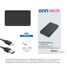 onn portable power bank, black front and side ports visible