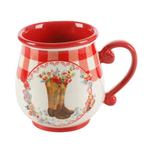 Stoneware mug with red glaze, rooster illustration, curved side handle