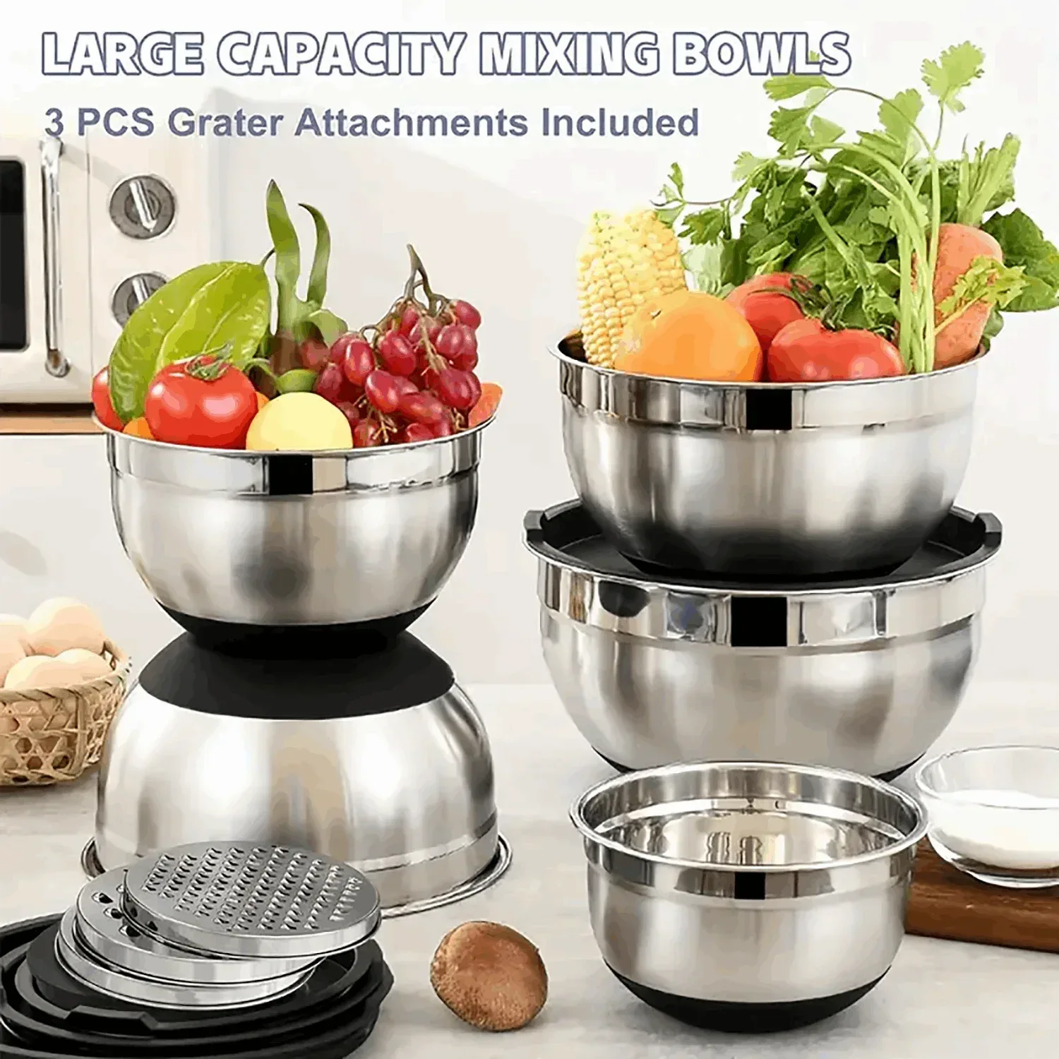 AOKIWO Mixing Bowls with Airtight Lids, 8PCS Stainless Steel Bowls Set with 3 Grater Attachments, Kitchen Bowls with Non-Slip Bottoms, Size 5, 4, 3.5, 2, 1.5 QT for Mixing & Serving, Black