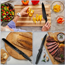 Black kitchen knives on cutting boards, including sliced meat and vegetable prep