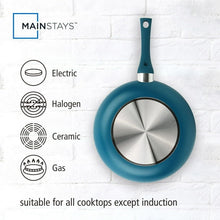 Blue ceramic nonstick skillet with stainless base and teal handle, shown with stovetop icons