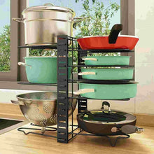 Kitchen cabinet pot organizer rack with black frame holding cookware on stacked bars