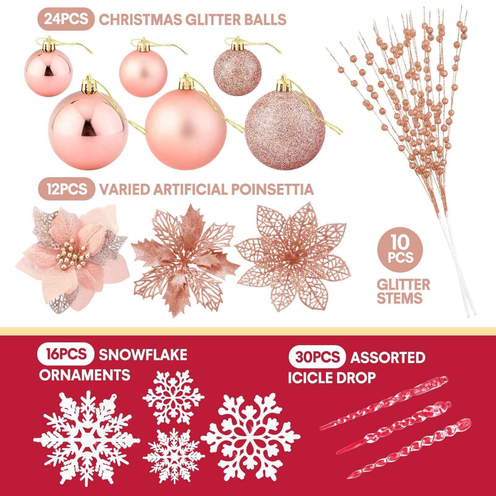 Ayieyill 92Pcs Christmas Tree Decorations Includes Poinsettia Christmas Flowers, Ball Ornaments, Artificial Glitter Berry Stems, Snowflake and Icicle Drop Crystal Ornaments | Rose Glod - USA MEGA SHOP