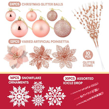 Set contents: glitter ball ornaments, artificial poinsettias, snowflakes, icicle drops