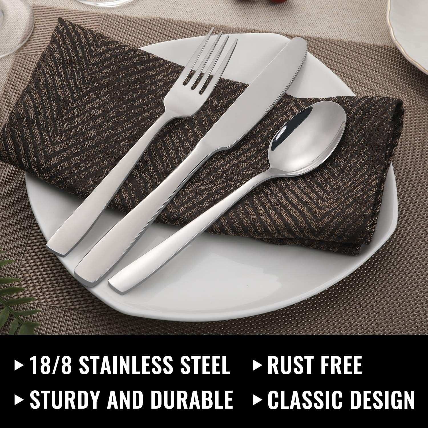 48-Piece Mirror Finished Black Silverware Set with Steak Knives, Black Flatware Set for 8, Stainless Steel Tableware Cutlery Set, Utensil Sets for Kitchen