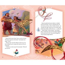 Open storybook spread featuring Moana flying a kite with Maui