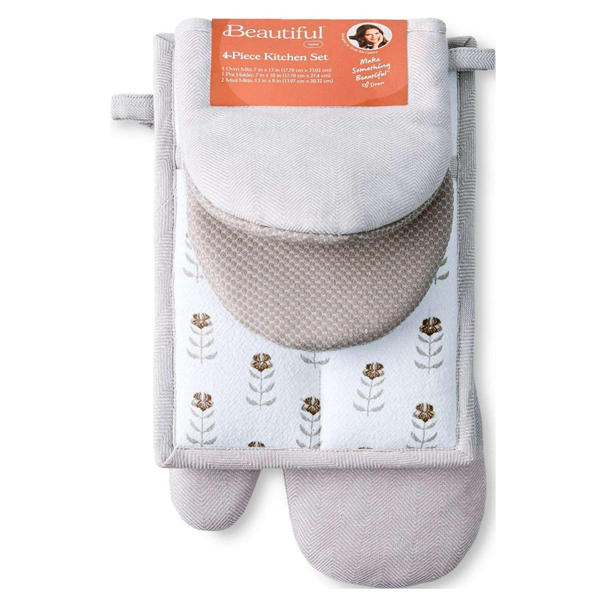 Beautiful Home by Drew Barrymore 4-Piece Oven Mitt, Pot Holder, Mini Mitt Set, Brown