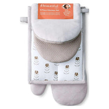 4-piece kitchen set with gray oven mitts and white floral pot holder