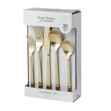 Flatware set retail box showing gold utensils and a 20-piece set