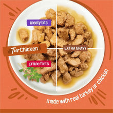 Turchicken wet cat food in gravy with meat pieces on a white plate