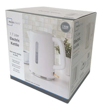 White electric kettle in retail box with 1-year warranty label and product photo
