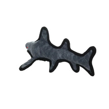 Shark plush dog toy, plush shark with tail fins and small eye detail.