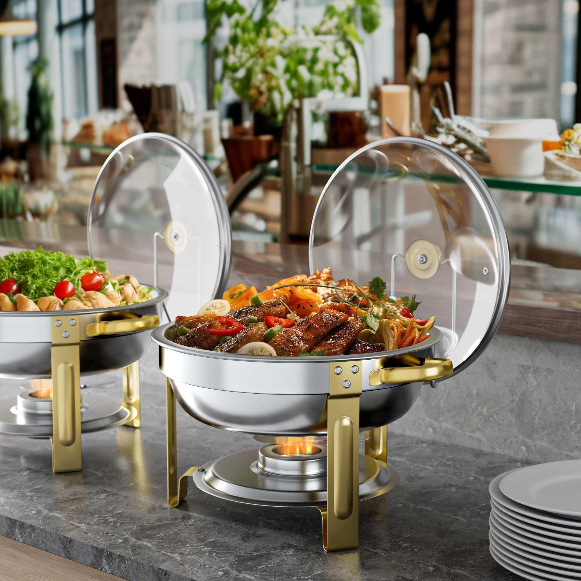 Chafing Dish Buffet Set 2 Pack: TINANA 5QT Stainless Steel Chafing Dishes with Glass Lid & Lid Holder, Round Food Warmers for Parties, Events, Wedding-Gold