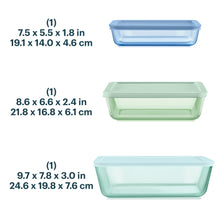 Rectangular storage containers with blue, green, and aqua lids, size comparison view