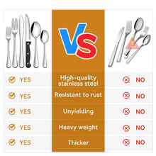 Stainless steel flatware set comparison layout with forks, spoons, and knives