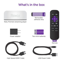 Box contents: streaming player, power adapter, high speed HDMI cable, remote, batteries