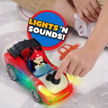 Red Mickey Mouse push car with blue seat, Mickey driver, and glowing light effects