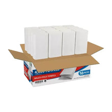 White multi-fold paper towel case with towels visible in open box