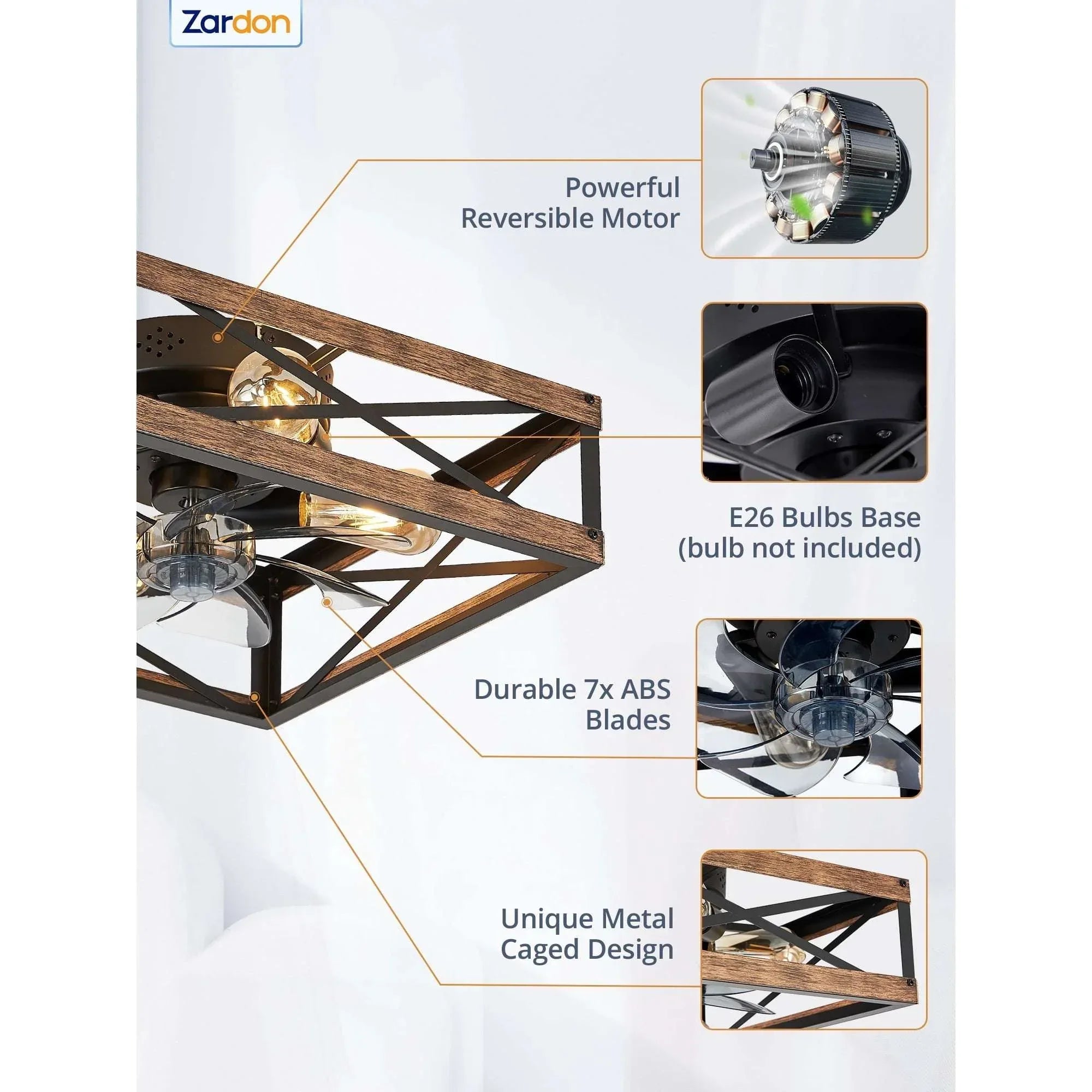 Zardon 16" Low Profile Caged Ceiling Fan with Light & Remote Control, Modern Brown Wood Finish, 6-Speed Quiet DC Motor for Indoor Spaces - USA MEGA SHOP