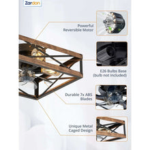 Caged ceiling fan with E26 bulb base, reversible motor detail and 7 blades
