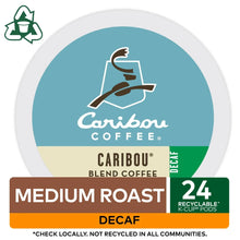Caribou Blend medium roast decaf recyclable K-Cup pods label, 24-count