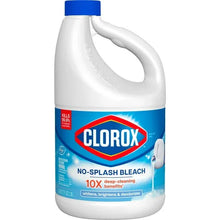 Liquid bleach jug with blue cap and blue No-Splash bleach front label