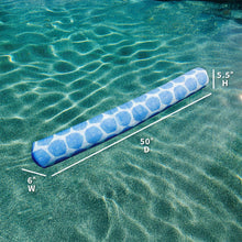 Blue patterned pool noodle float floating in water