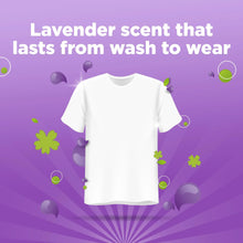 Laundry detergent lavender scent panel with white T-shirt icon and floral notes