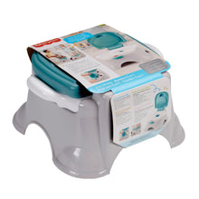 Retail box for toddler potty chair with teal lid and white base