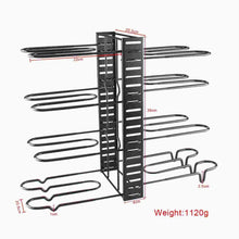 Adjustable metal pot rack with multiple horizontal arms and side measurement guides