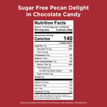 Nutrition facts panel for sugar-free pecan delight chocolate candy bag