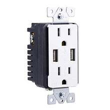 In-wall 2-outlet receptacle with two USB ports, white face and light almond sides