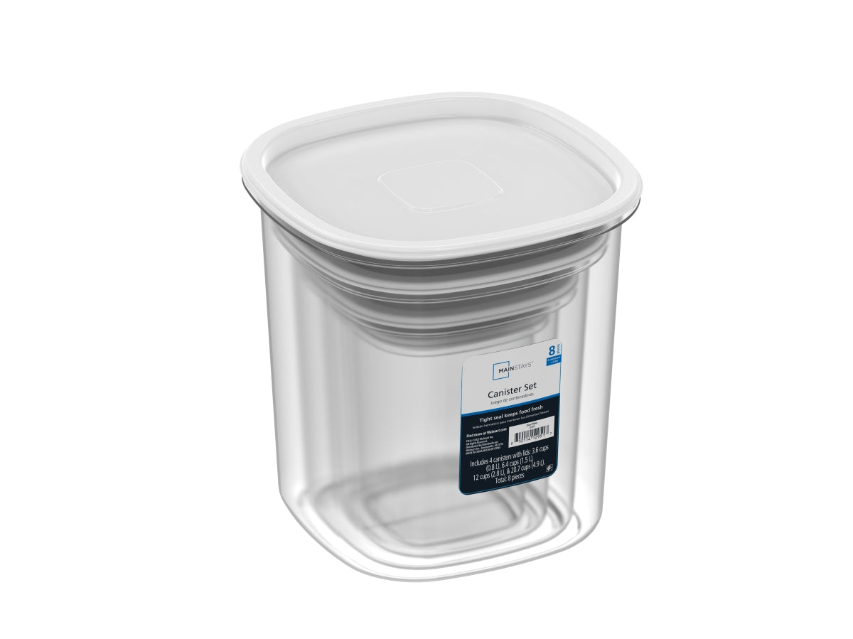 Mainstays 8-Piece Plastic Pantry Food Storage Container Set, Kitchen Pantry Organizer Canisters for Dry Food Storage and Pantry Organization