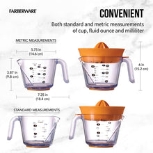 Citrus juicer pitcher with standard and metric measurement markings and orange reamer