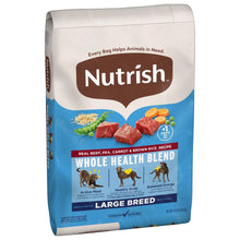 Dry dog food bag for large breeds with beef, peas, carrots, and brown rice recipe