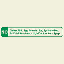 “No” ingredient label listing allergens and no artificial sweeteners or dyes