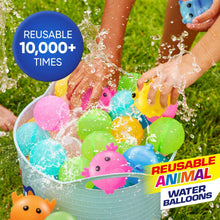 Reusable animal water balloons splashing in a pool with orange, pink, blue, and green