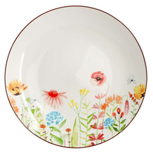 White ceramic dinner plate with multicolor wildflower border and thin dark rim