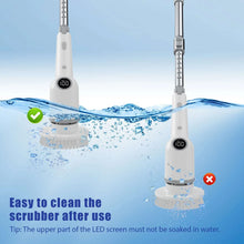 Cordless spin scrubber base and extension pole with brush head rinsing in water