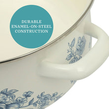 Blue enamel Dutch oven handle and rim detail with blue floral motif