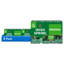 Men’s Irish Spring Original deodorant soap bar 8-pack and 4-pack cartons, green/blue.