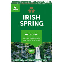 Irish Spring Original deodorant soap bar box, 4 bars, green carton with landscape graphic.